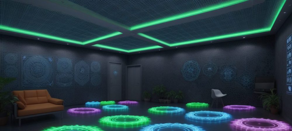 Representação visual da inovação tecnológica com elementos de transformação digital e sustentabilidade, em um ambiente de aprendizado inspirador.