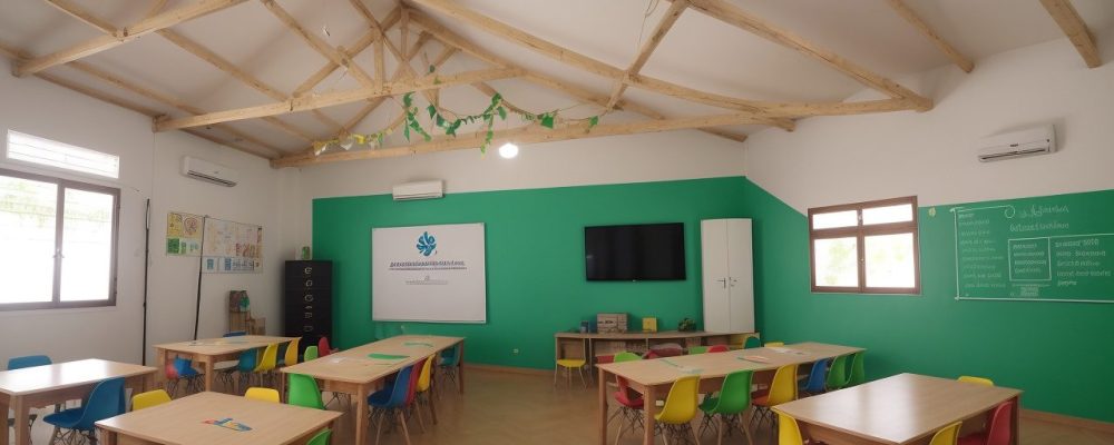 Crianças em sala de aula envolvidas em atividades lúdicas e colaborativas de aprendizado.