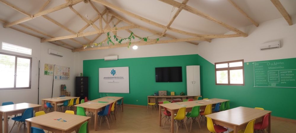 Crianças em sala de aula envolvidas em atividades lúdicas e colaborativas de aprendizado.