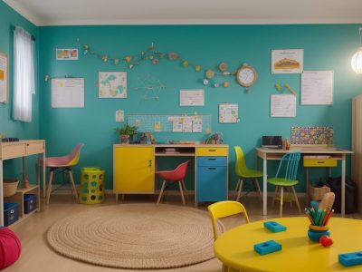 Sala de aula com crianças interagindo em atividades lúdicas e jogos educativos.