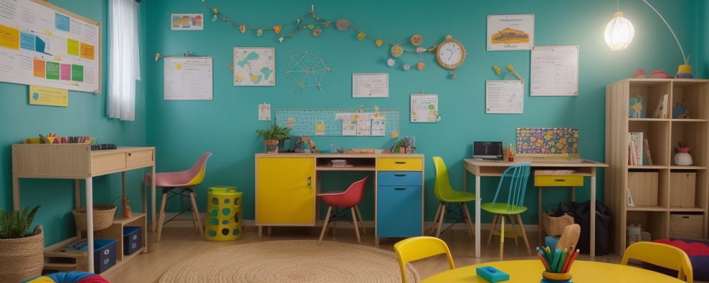 Sala de aula com crianças interagindo em atividades lúdicas e jogos educativos.