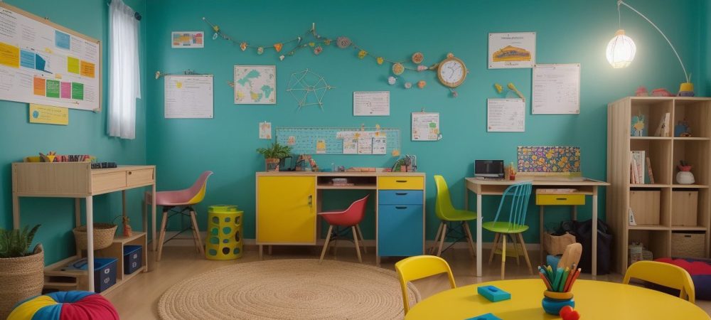 Sala de aula com crianças interagindo em atividades lúdicas e jogos educativos.