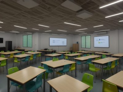 Sala de aula com tecnologias digitais e alunos colaborando em atividades de matemática