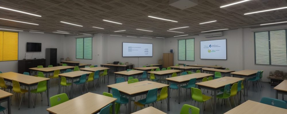 Sala de aula com tecnologias digitais e alunos colaborando em atividades de matemática