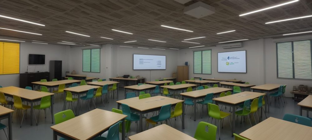Sala de aula com tecnologias digitais e alunos colaborando em atividades de matemática