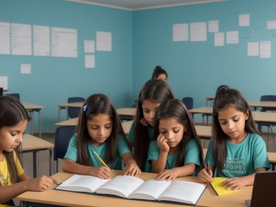 Sala de aula moderna com alunos interagindo em cursos de história da arte online