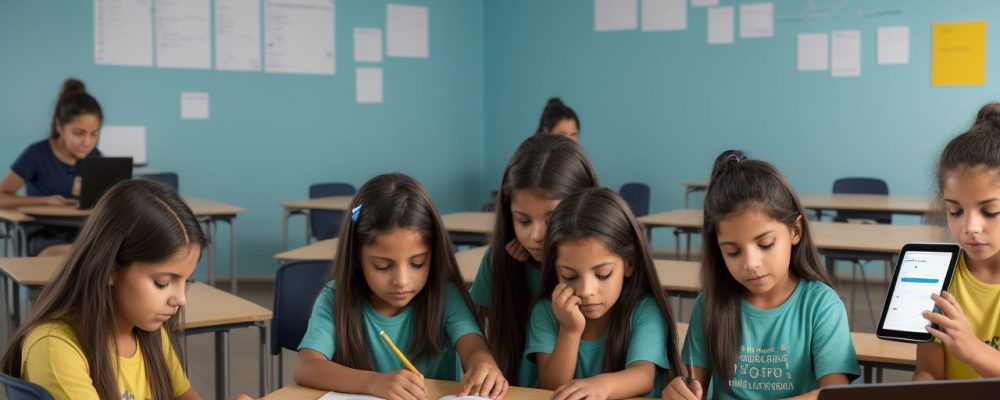 Sala de aula moderna com alunos interagindo em cursos de história da arte online