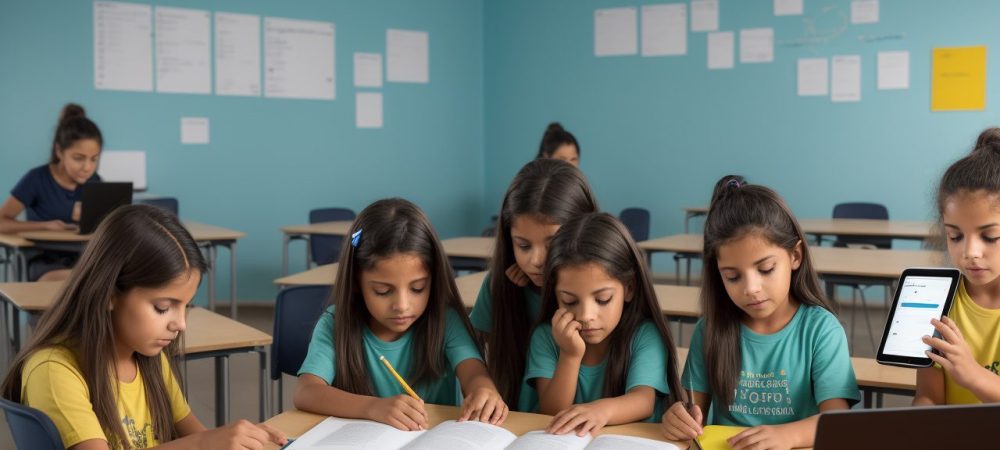 Sala de aula moderna com alunos interagindo em cursos de história da arte online