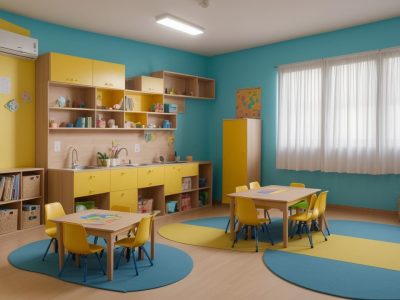 Sala de aula moderna com alunos envolvidos em atividades práticas para dificuldades de aprendizagem.