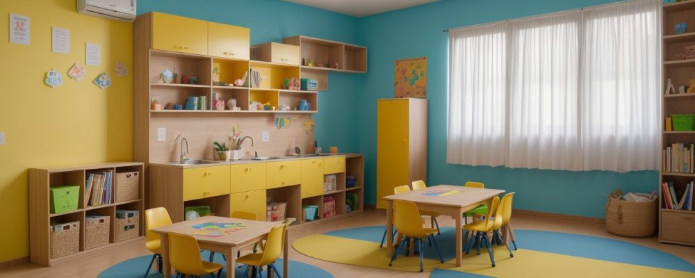 Sala de aula moderna com alunos envolvidos em atividades práticas para dificuldades de aprendizagem.