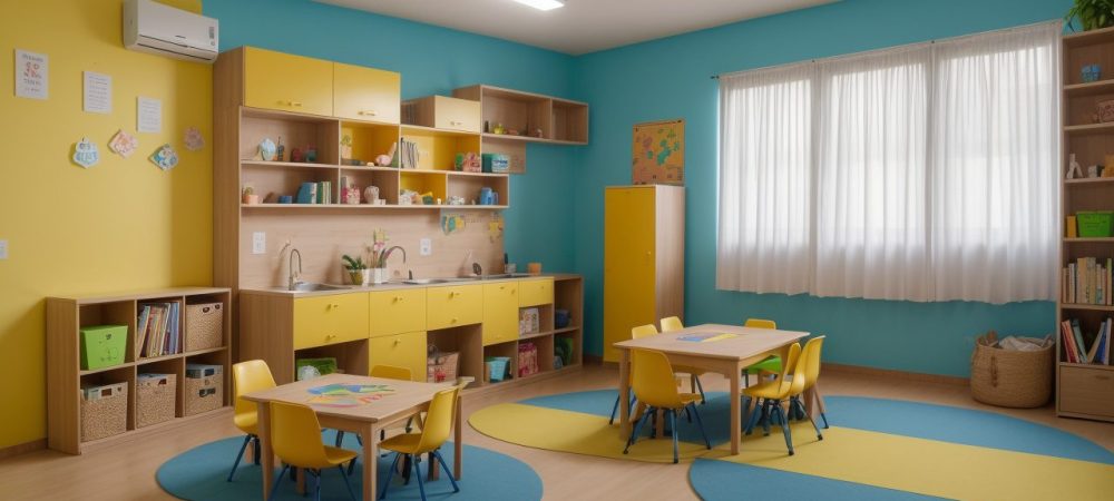 Sala de aula moderna com alunos envolvidos em atividades práticas para dificuldades de aprendizagem.