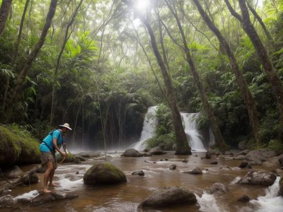 Instrutor de ecoturismo guiando grupo em trilha, promovendo turismo sustentável e educação ambiental.
