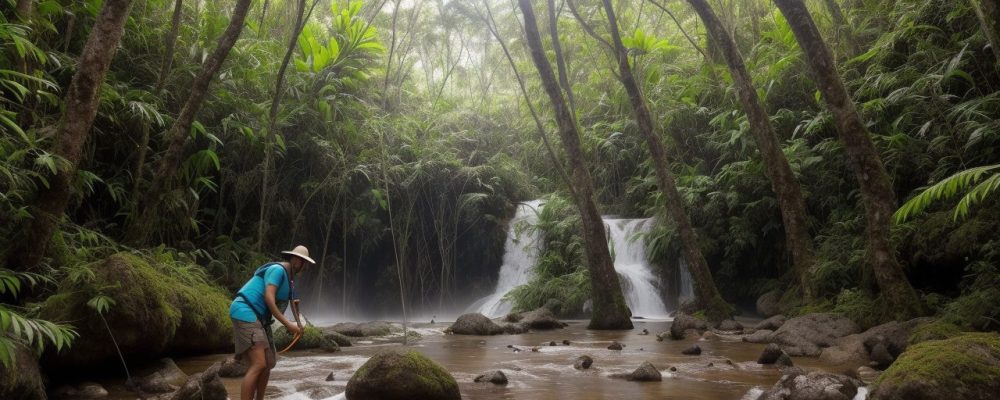 Instrutor de ecoturismo guiando grupo em trilha, promovendo turismo sustentável e educação ambiental.
