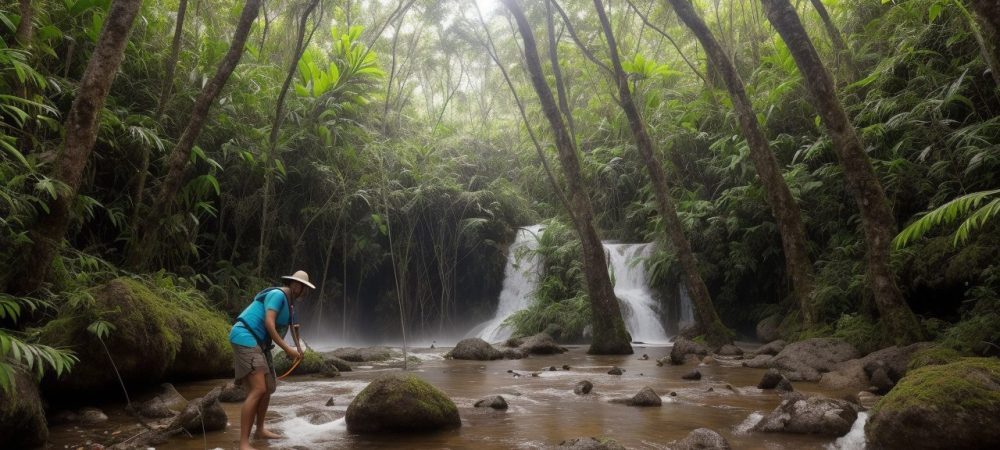Instrutor de ecoturismo guiando grupo em trilha, promovendo turismo sustentável e educação ambiental.