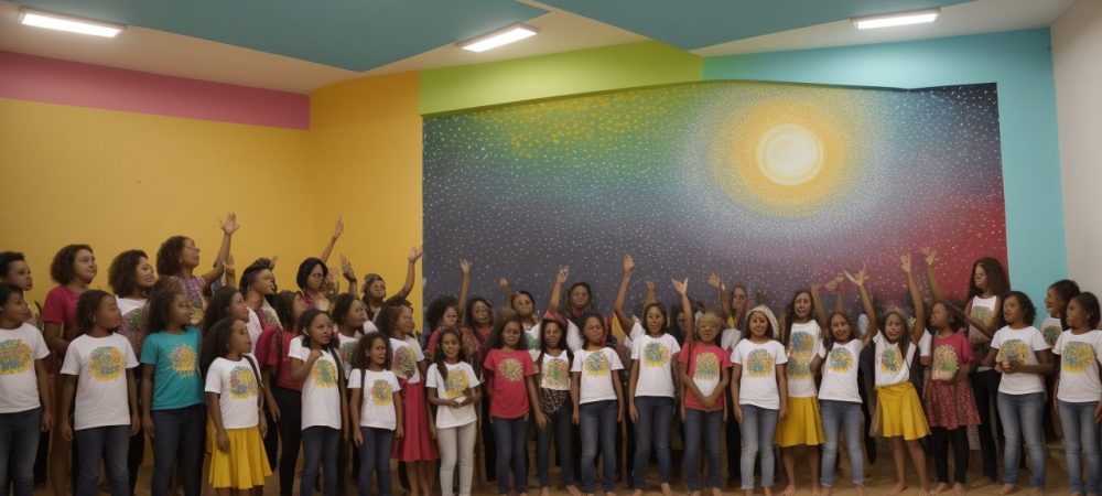 Alunos explorando a integração de arte e educação física em atividades criativas e colaborativas na escola