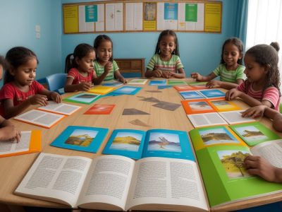 Crianças aprendendo sobre a história e cultura do Ceará em uma sala de aula dinâmica e interativa.