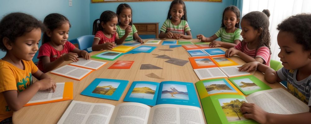 Crianças aprendendo sobre a história e cultura do Ceará em uma sala de aula dinâmica e interativa.