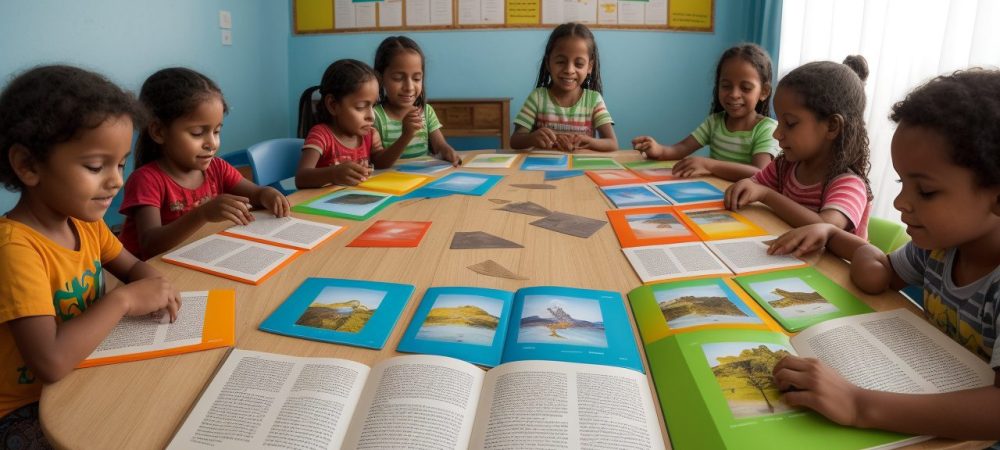 Crianças aprendendo sobre a história e cultura do Ceará em uma sala de aula dinâmica e interativa.