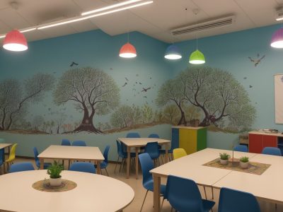 Ilustração de projeto interdisciplinar em andamento com alunos e professores colaborando em sala de aula, usando ferramentas e materiais educativos.