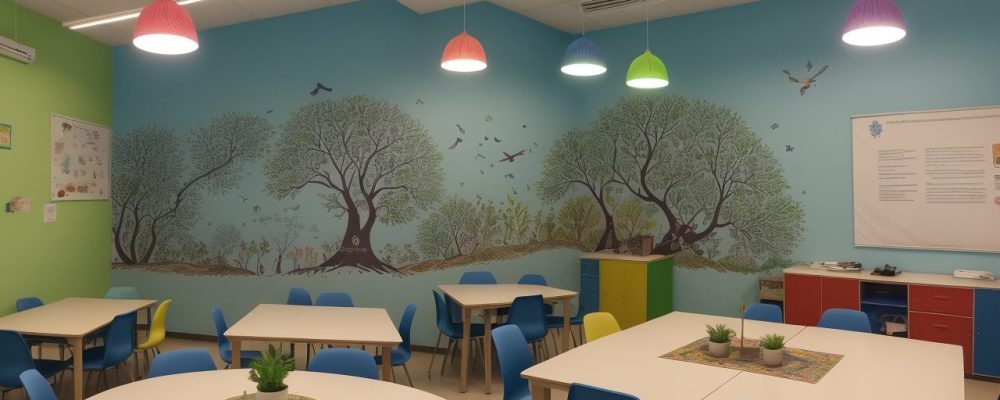 Ilustração de projeto interdisciplinar em andamento com alunos e professores colaborando em sala de aula, usando ferramentas e materiais educativos.