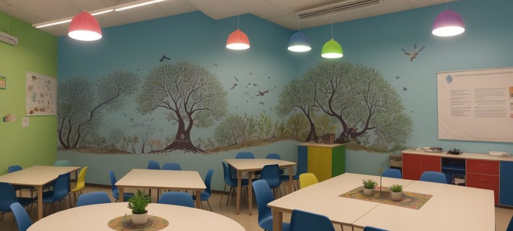 Ilustração de projeto interdisciplinar em andamento com alunos e professores colaborando em sala de aula, usando ferramentas e materiais educativos.