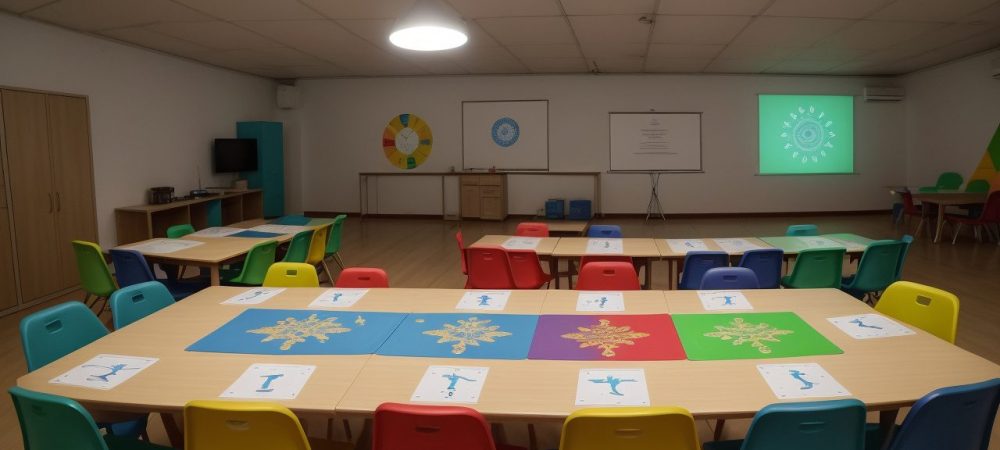 Professora e alunos colaborando em atividades de intervenção psicopedagógica na escola, utilizando jogos e materiais didáticos.