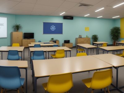 Ambiente escolar colaborativo com estudantes e profissionais praticando intervenção psicopedagógica institucional