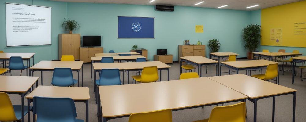 Ambiente escolar colaborativo com estudantes e profissionais praticando intervenção psicopedagógica institucional