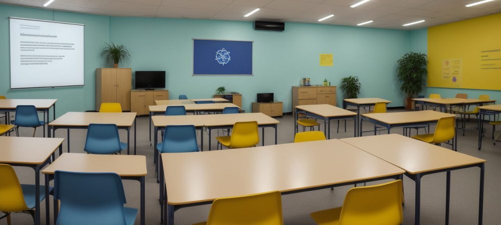 Ambiente escolar colaborativo com estudantes e profissionais praticando intervenção psicopedagógica institucional