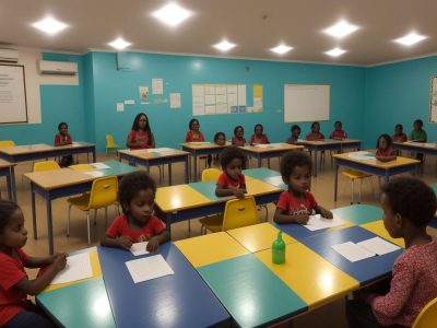 Crianças e educadores em sala de aula participando de atividades de intervenção psicopedagógica para superar dificuldades de aprendizagem