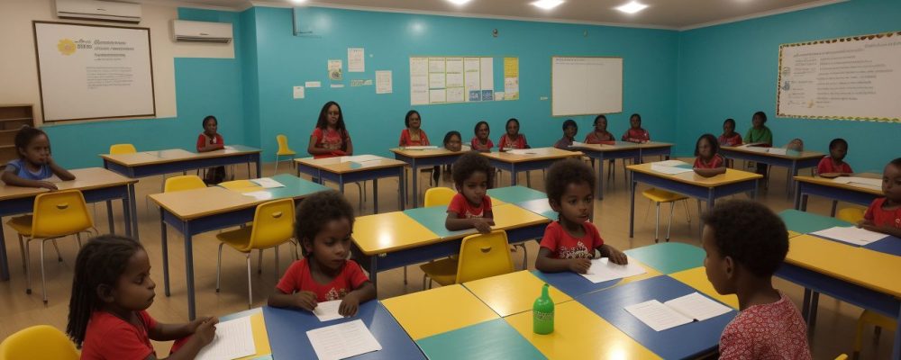 Crianças e educadores em sala de aula participando de atividades de intervenção psicopedagógica para superar dificuldades de aprendizagem