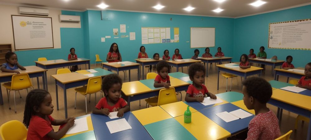 Crianças e educadores em sala de aula participando de atividades de intervenção psicopedagógica para superar dificuldades de aprendizagem