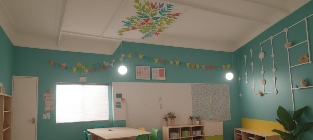 Sala de aula interativa com alunos engajados em atividades práticas de aprendizagem.