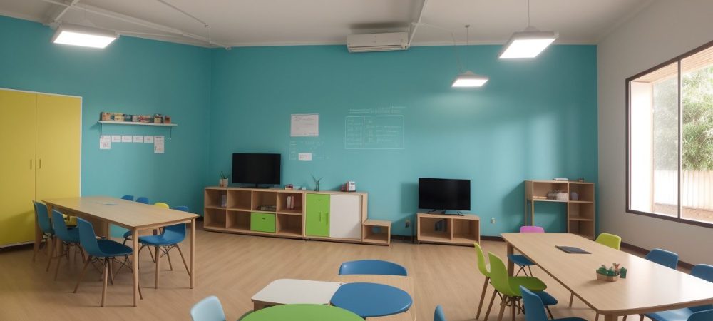 Ambiente de aprendizado dinâmico mostrando estratégias visuais para dificuldades de aprendizagem