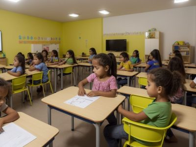 Sala de aula moderna com crianças aprendendo através de novas estratégias de intervenção em dificuldades de aprendizagem