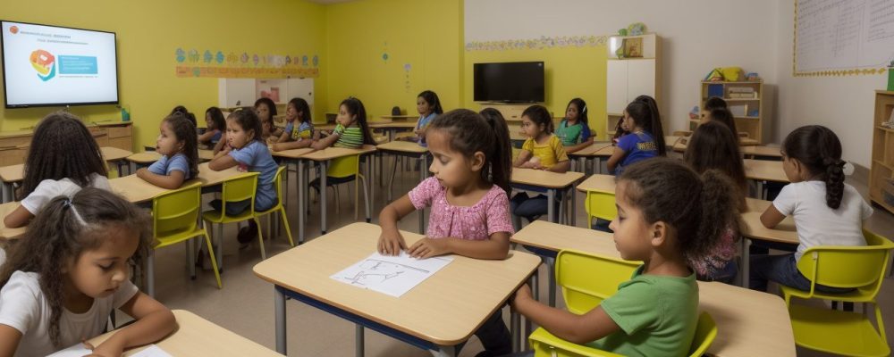 Sala de aula moderna com crianças aprendendo através de novas estratégias de intervenção em dificuldades de aprendizagem