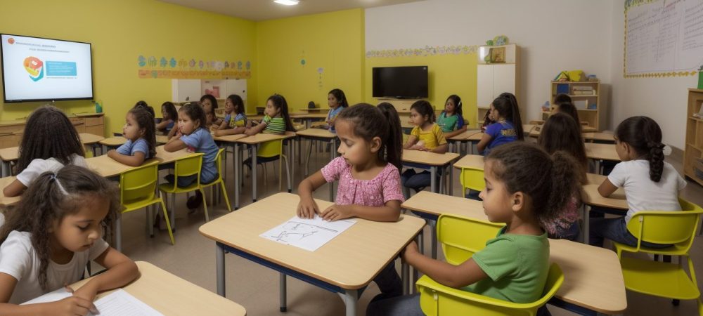 Sala de aula moderna com crianças aprendendo através de novas estratégias de intervenção em dificuldades de aprendizagem