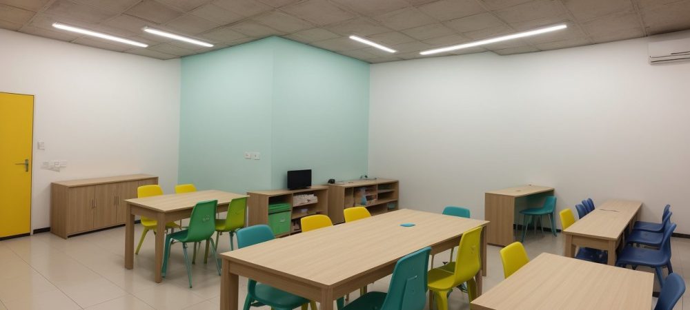 Ambiente educacional com materiais adaptados e apoio a crianças com dificuldades de aprendizagem