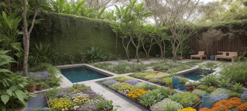 Imagem de uma horta caseira com diversas plantas e um jardim florido, representando jardinagem sustentável e vida saudável.