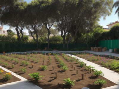 Imagem de um jardim comunitário vibrante, com pessoas cuidando de plantas, hortas e áreas verdes, promovendo a jardinagem sustentável e o bem-estar.