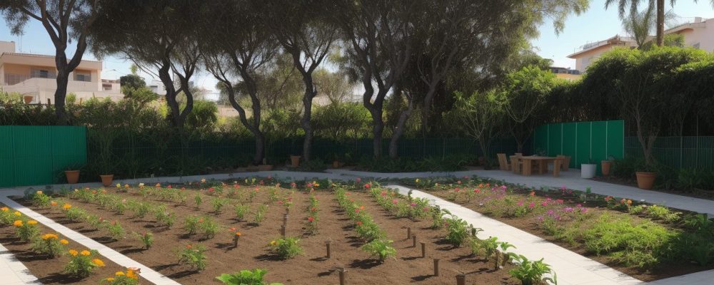 Imagem de um jardim comunitário vibrante, com pessoas cuidando de plantas, hortas e áreas verdes, promovendo a jardinagem sustentável e o bem-estar.