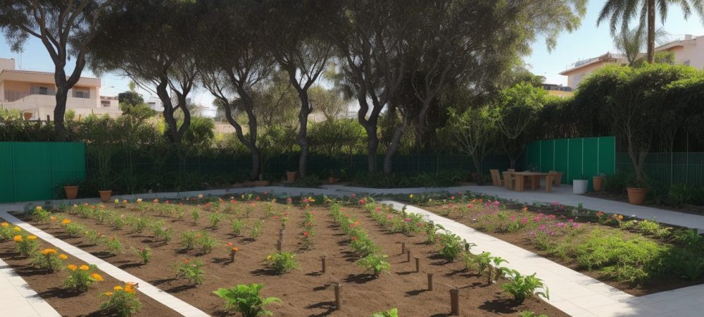 Imagem de um jardim comunitário vibrante, com pessoas cuidando de plantas, hortas e áreas verdes, promovendo a jardinagem sustentável e o bem-estar.