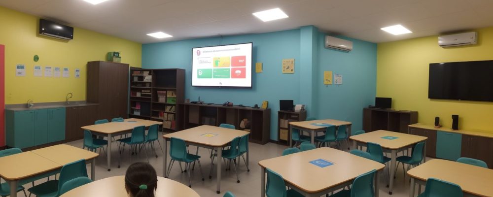 Crianças interagindo em um ambiente de aprendizado dinâmico com jogos educacionais e aplicativos.