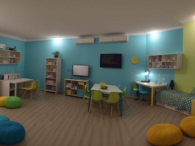 Crianças utilizando jogos educacionais e aplicativos em um ambiente de sala de aula moderno e interativo, promovendo o aprendizado.