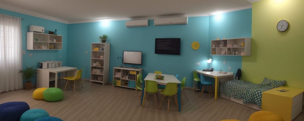 Crianças utilizando jogos educacionais e aplicativos em um ambiente de sala de aula moderno e interativo, promovendo o aprendizado.