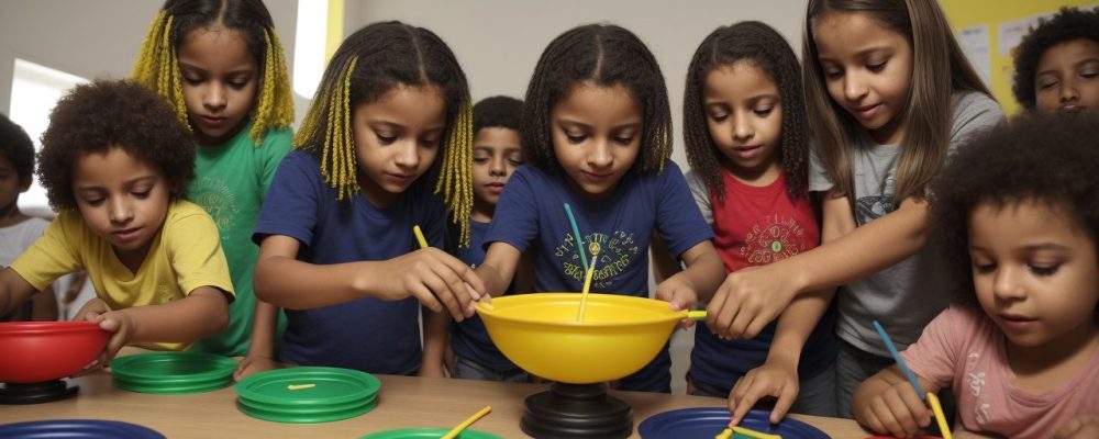 Crianças praticando jogos e brincadeiras na educação física escolar, promovendo diversão, aprendizado e desenvolvimento infantil