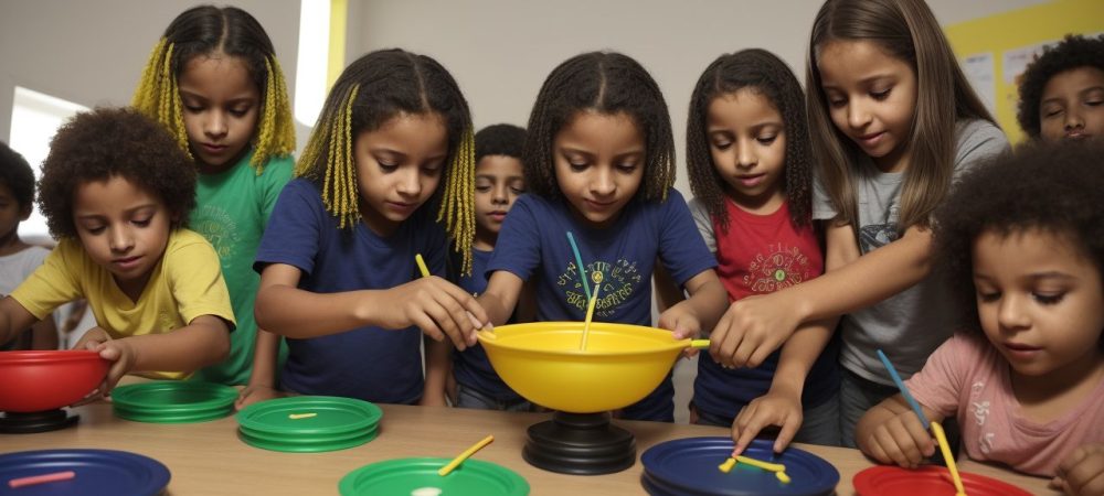 Crianças praticando jogos e brincadeiras na educação física escolar, promovendo diversão, aprendizado e desenvolvimento infantil