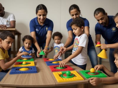 Crianças brincando e se divertindo em uma aula de educação física escolar, com jogos e atividades lúdicas.