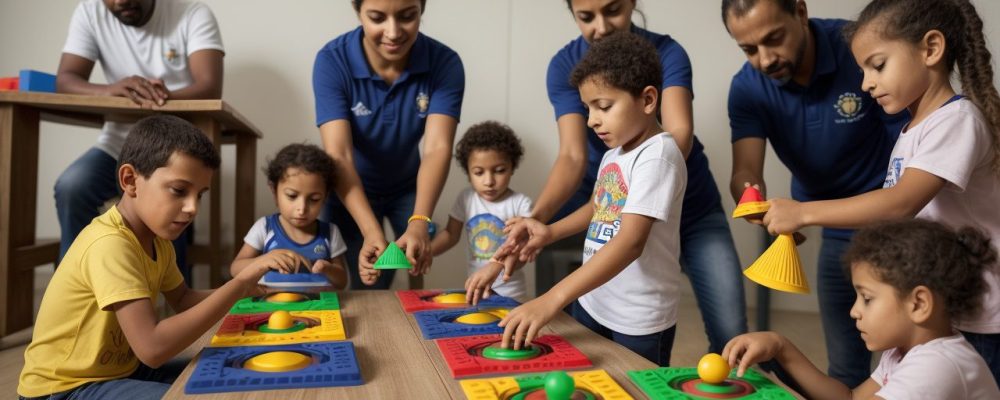Crianças brincando e se divertindo em uma aula de educação física escolar, com jogos e atividades lúdicas.