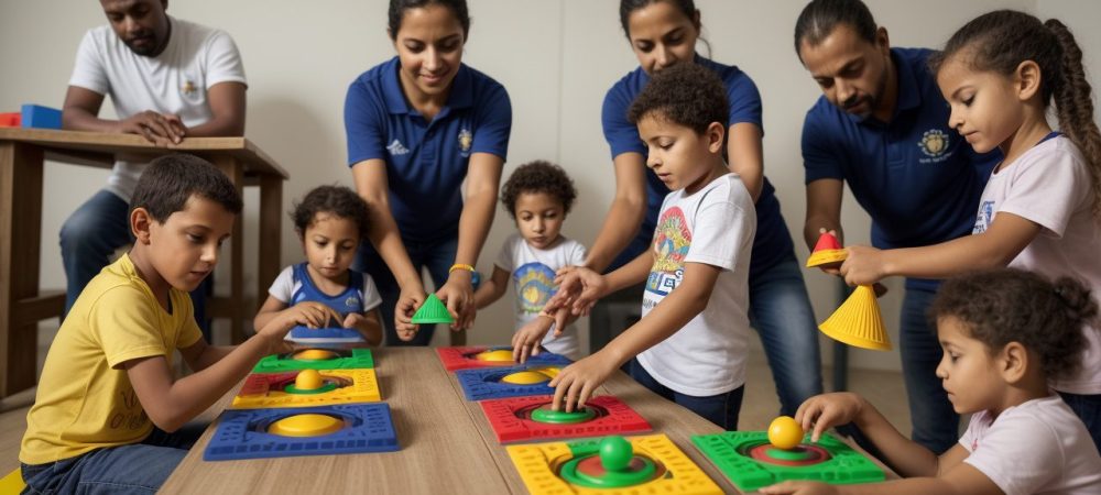 Crianças brincando e se divertindo em uma aula de educação física escolar, com jogos e atividades lúdicas.